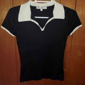 Vintage Black white shiny ribbed collared shirt